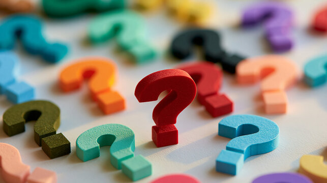Array of question mark icons on a bright clean well lit background self guided learning concept critical analysis curiosity education exploration reasoning insight
