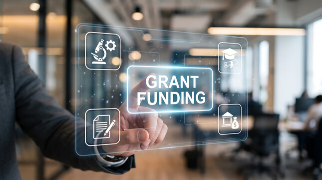 Grant funding virtual interface managed by professional businessman in a modern bright corporate office setting background