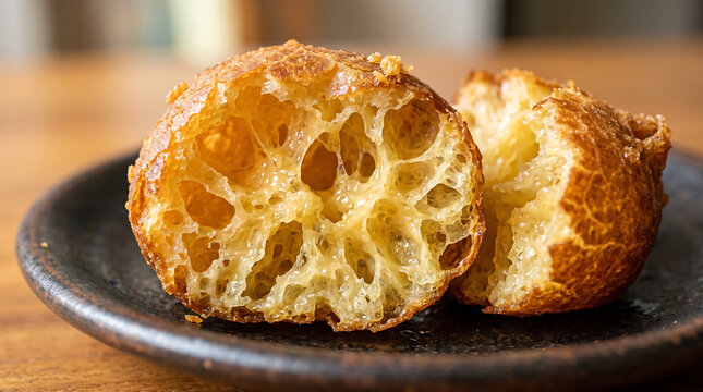 Crispy Golden African Mikate Beignet Doughnut Broken Open Close-Up
