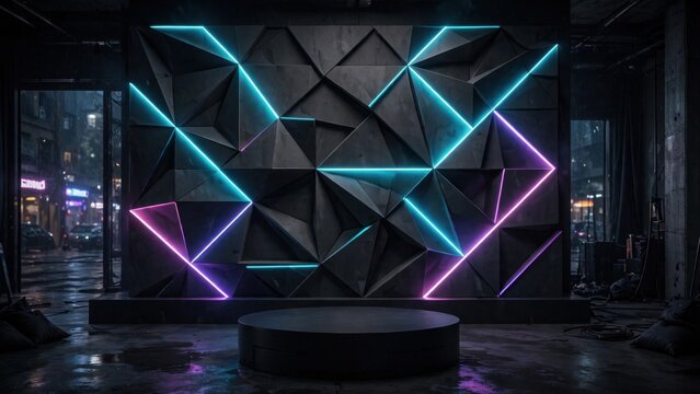 Futuristic Stage with Geometric Design and Neon Lights.