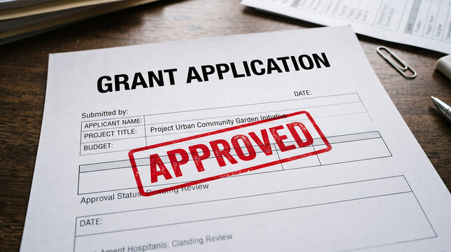 Grant application form showing approved red ink stamp lying on a dark wooden office desk
