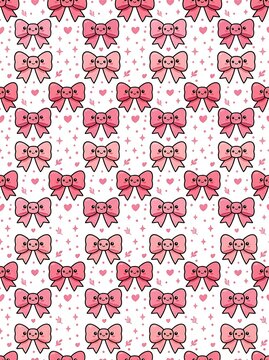 Adorable kawaii pink ribbon bows pattern with smiley faces