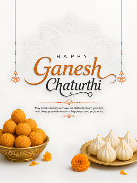 Happy ganesh chaturthi greeting card featuring traditional indian sweets modak and laddu with marigold flowers