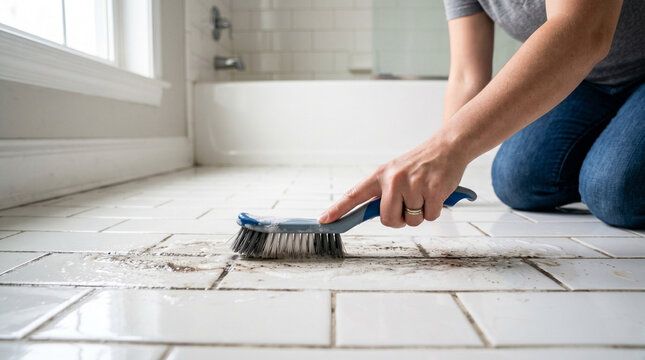 Woman cleaning bathroom tile floor with brush and scrubber  