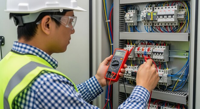 Electrician in safety gear inspecting electrical panel with multimeter, professional technician
