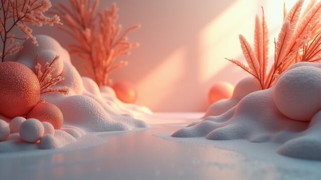 Dreamy Pink Winter Landscape with Snowy Mountains and Soft Pastel Light