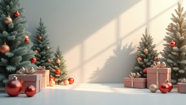 Cozy Winter Background with Christmas Tree and Soft Sunlight Shadows