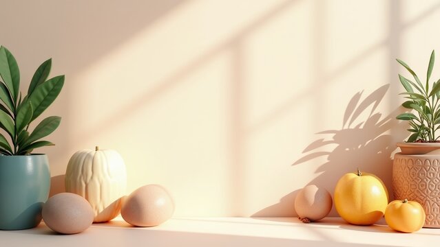 Minimal Cream Background with Botanical Shadows and Soft Natural Sunlight