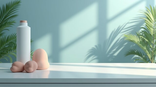 Minimal Blue Interior Background with Botanical Shadows and Soft Sunlight