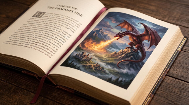 Open fantasy novel showing vivid dragon illustration, fiery beast perched on mountain peak. Detailed fantasy novel presents captivating artwork, engrossing text, dramatic scene.