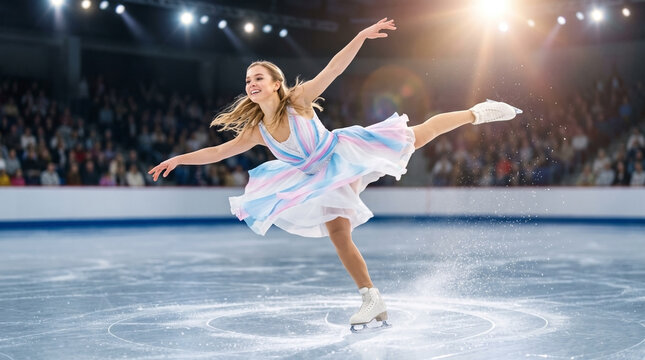 Figure skater performing a graceful spin on ice rink with flowing dress and focused expression. Audience watches in awe as figure skater showcases agility and control on ice rink,