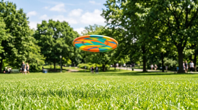 Vibrant flying disc sports equipment floating in mid air above lush green lawn. Flying disc sports provide active entertainment in scenic park. Dynamic movement in flying disc sports for hobby.