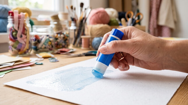Hand applying blue glue stick on paper during craft session at table. Process incorporates colorful yarn, scissors, sewing tools. Functional blue glue stick concept for DIY art, scrapbooking, blog.