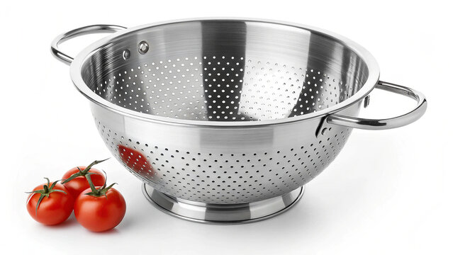 Photorealistic Stainless Steel Colander Isolated on White Background