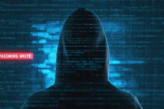 Hacker in a hoodie with digital binary code background representing cyber security