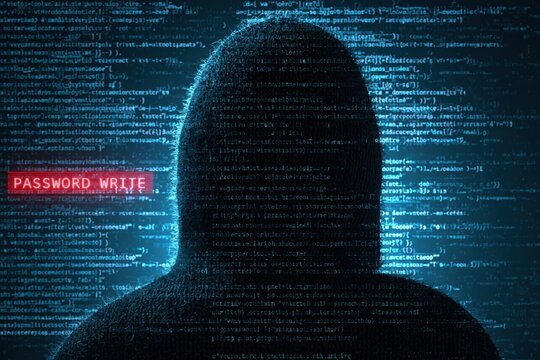 Hacker silhouette with anonymous cybersecurity digital code and password security