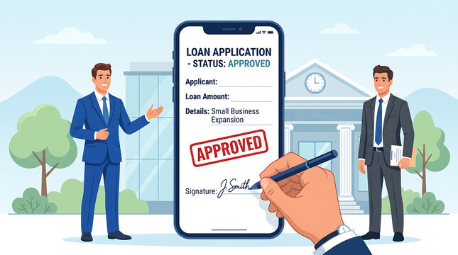 Loan application approved digitally on mobile phone screen by businessman signing electronic contract in modern office