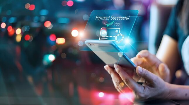 Close up of smartphone displaying payment successful notification with credit card icon, secure mobile banking and e-commerce transaction concept at night