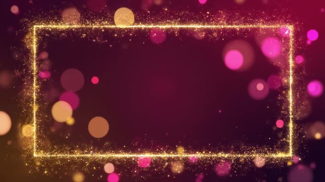 金の粒子でできた枠と桃色の玉ボケが浮かぶ赤紫の祝祭映像