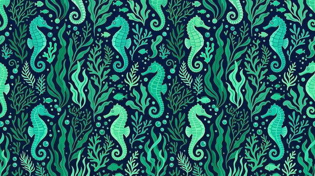 Seamless pattern with teal seahorses and seaweed on dark background