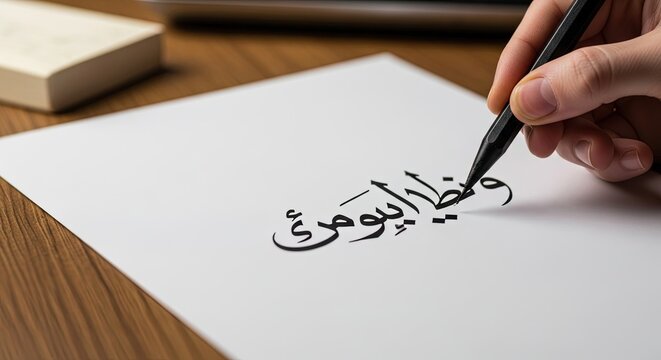 Hand writing Arabic calligraphy on white paper with a pencil, creating elegant script on a wooden desk, art and design concept
