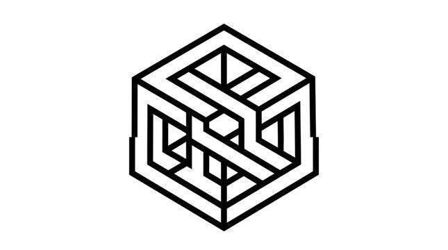 Black geometric impossible cube maze line art.