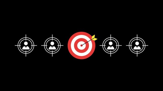 Target with dart and targeted user profile icons animation with transparent background for audience segmentation