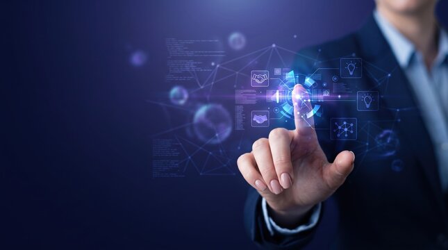 Hand touching futuristic interface with glowing icons, digital innovation and virtual reality showing human interaction with advanced technology systems for business and creative