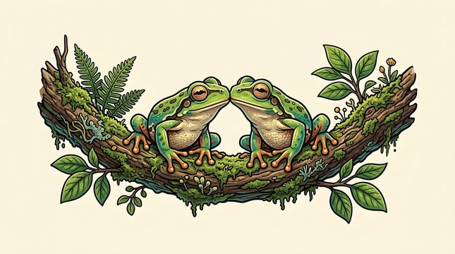 Two cute green frogs touching noses on a mossy tree branch