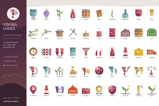 Vineyard Icons Collection with Grape Clusters and Wine Making Tools on White Background