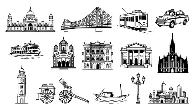 Kolkata Travel Heritage Vector Outline Icons with Howrah Bridge Victoria Memorial Tram and City Landmarks