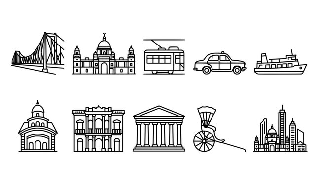 Kolkata City Outline Icon Collection with Memorial Bridge Tram Taxi River and Indian Heritage Symbols