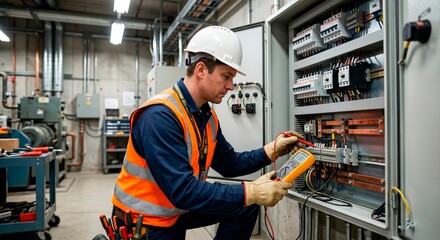 Fototapeta na wymiar Professional male electrician wearing safety gear testing voltage on an electrical control panel with a multimeter in an industrial facility.