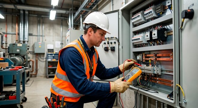 Professional male electrician wearing safety gear testing voltage on an electrical control panel with a multimeter in an industrial facility.