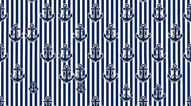 Blue anchors on navy and white vertical stripes seamless pattern