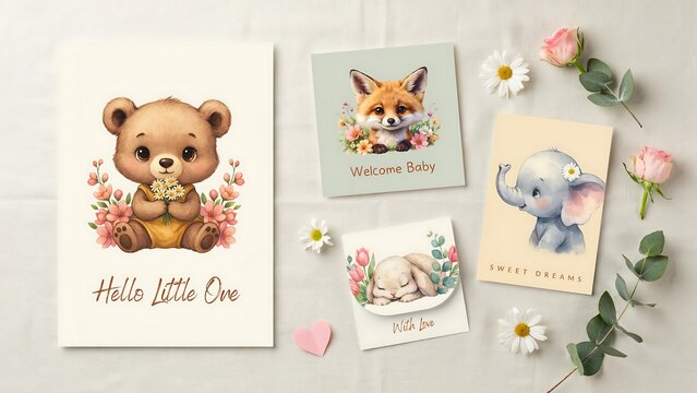 Watercolor illustrations of baby animals with floral arrangements on cards
