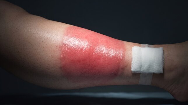 Acute cellulitis leg infection with severe erythema inflammation and medical gauze bandage