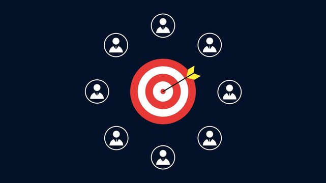 Target with dart surrounded by user profile icons animation with dark background for audience segmentation