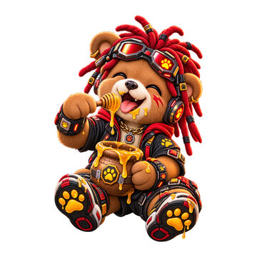 Cool Bear Character with Dreadlocks Eating Honey from Pot, Isolated