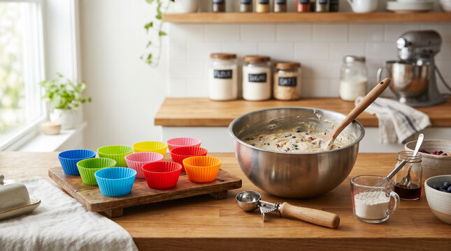 Mixing colorful batter in a large bowl on a wooden kitchen table  