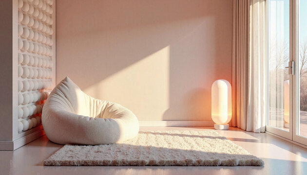 Sensory relaxation room with beanbag, warm lighting and sunlight, sensory room corner with calming lights and soft pillows, peaceful space for neurodiversity relaxation, emotional regulation metaphor