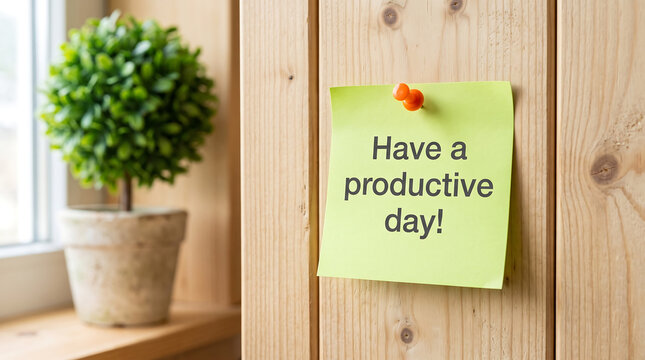 Sticky note with motivational text have a productive day pinned to a wooden office wall