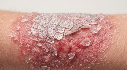 Fototapeta premium Extreme close-up of severe plaque psoriasis, eczema, or deeply cracked and peeling scaly skin on a human body.