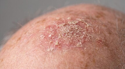 Fototapeta premium Close-up of a dry, scaly, and red patch on a bald scalp indicating actinic keratosis, psoriasis, or ringworm.