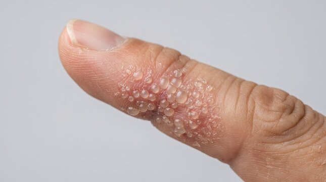 Close-up of a human finger covered in small fluid-filled blisters indicating dyshidrotic eczema, pompholyx, or a viral infection.