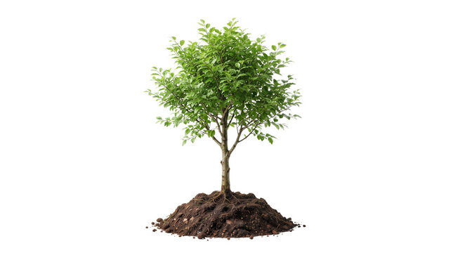 Lush green young tree growing from soil mound, vibrant sapling in fertile dark earth, environmental growth and sustainability concept isolated PNG with Transparent Background