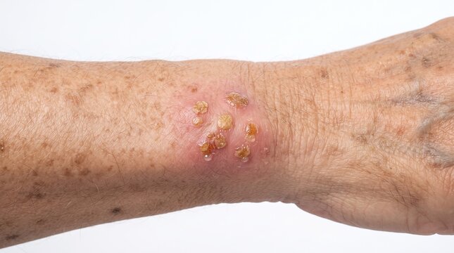 Close up of shingles herpes zoster rash with crusting blisters on human wrist