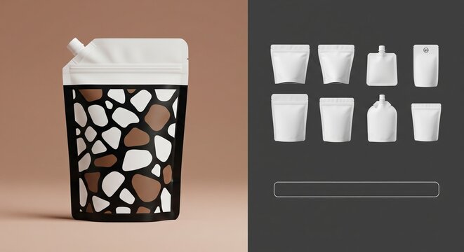 Customizable blank plastic food pouch mockup with a pattern design, presented in a clean studio setting for commercial product packaging branding