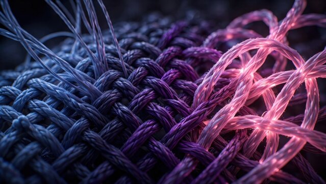 Close-up Macro View of Intertwined Fibers in Blue and Pink Hues.