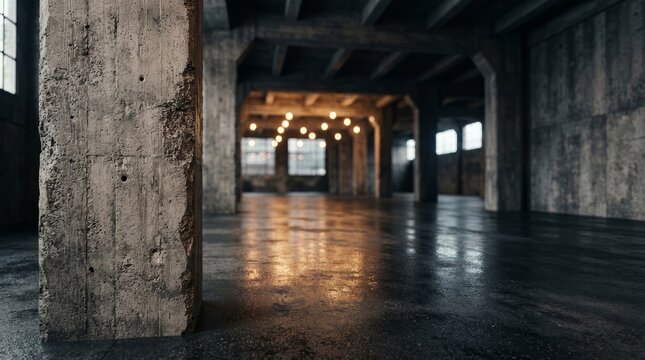 Urban industrial interior showing a cavernous empty garage with heavy structural columns.